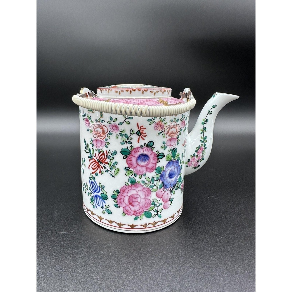 Antique Handpainted Floral 5" Asian Teapot w/ White Wicker Handle